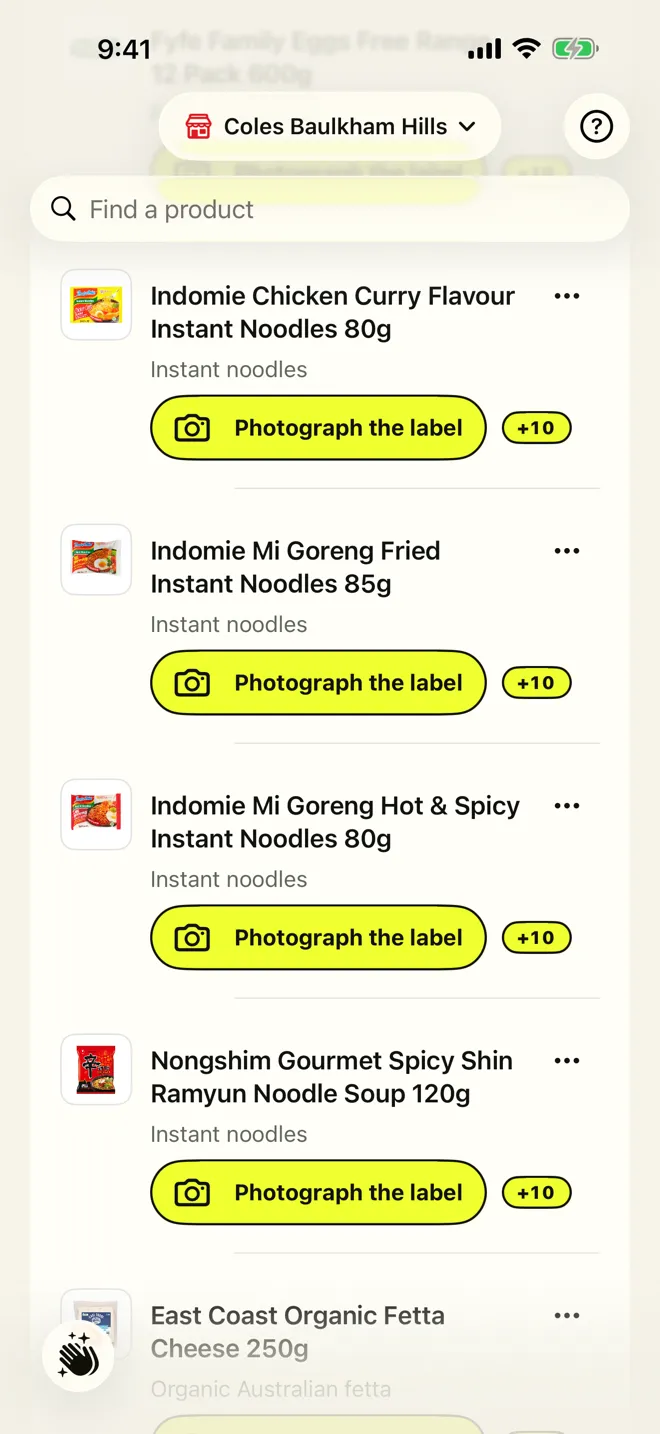 HOPPD’s Help others at Coles Baulkham Hills: products that still need a label photo, such as Indomie and Nongshim noodles, each with Photograph the label and +10 points.